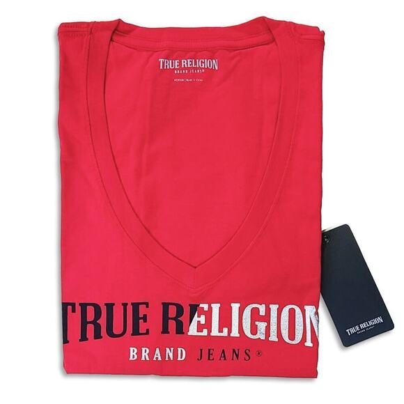 NWT True Religion Logo Graphic Print Deep V-Neck Slim Fit T-Shirt Top - Picture 3 of 5